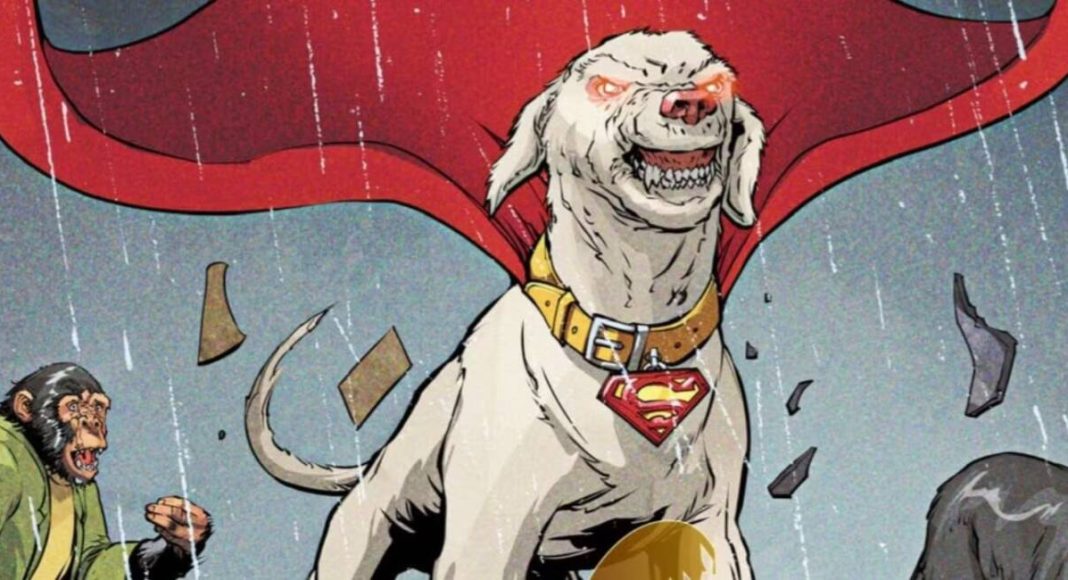 krypto dc Cão super-herói com capa vermelha em quadrinhos.