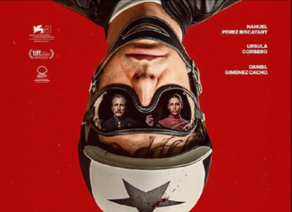 Capa de filme com motociclista de cabeça para baixo.