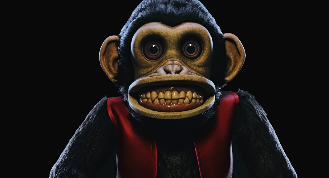 Macaco assustador em jaqueta vermelha.