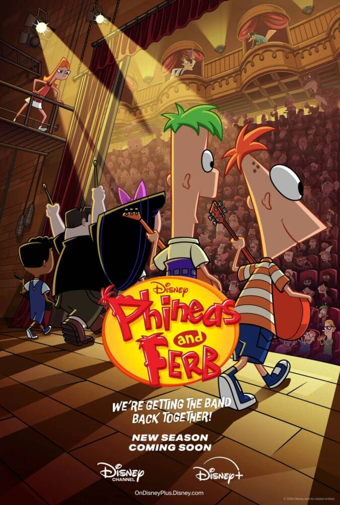 Cartaz de Phineas e Ferb no palco, nova temporada.