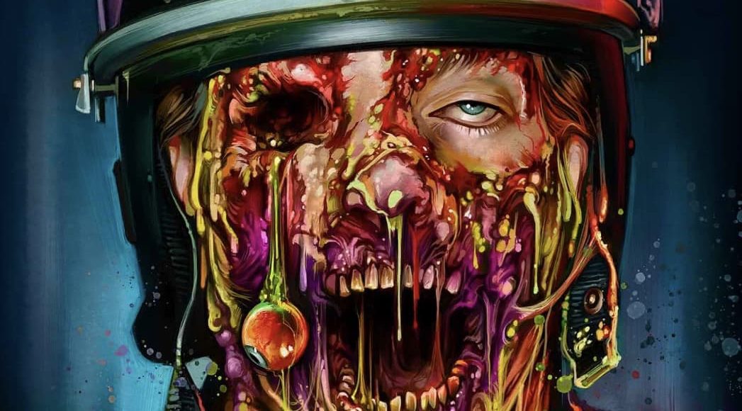 Arte digital de rosto zumbi derretendo colorido.