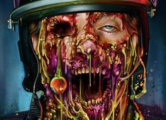 Arte digital de rosto zumbi derretendo colorido.