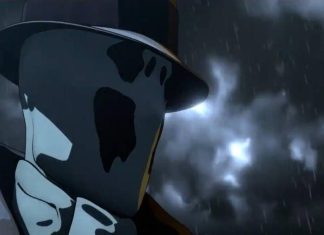Figura mascarada na chuva, atmosfera sombria.