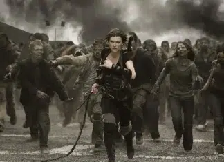 Mulher correndo de zumbis em cenário apocalíptico.