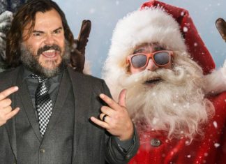 Homem e Papai Noel juntos em clima festivo.