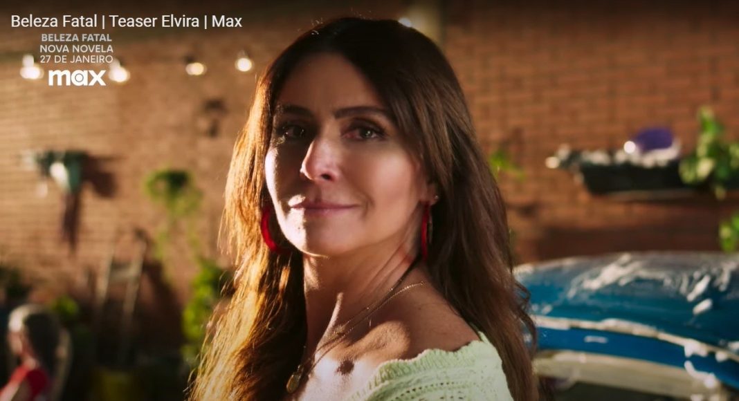 Atriz em cena da novela Beleza Fatal, teaser.