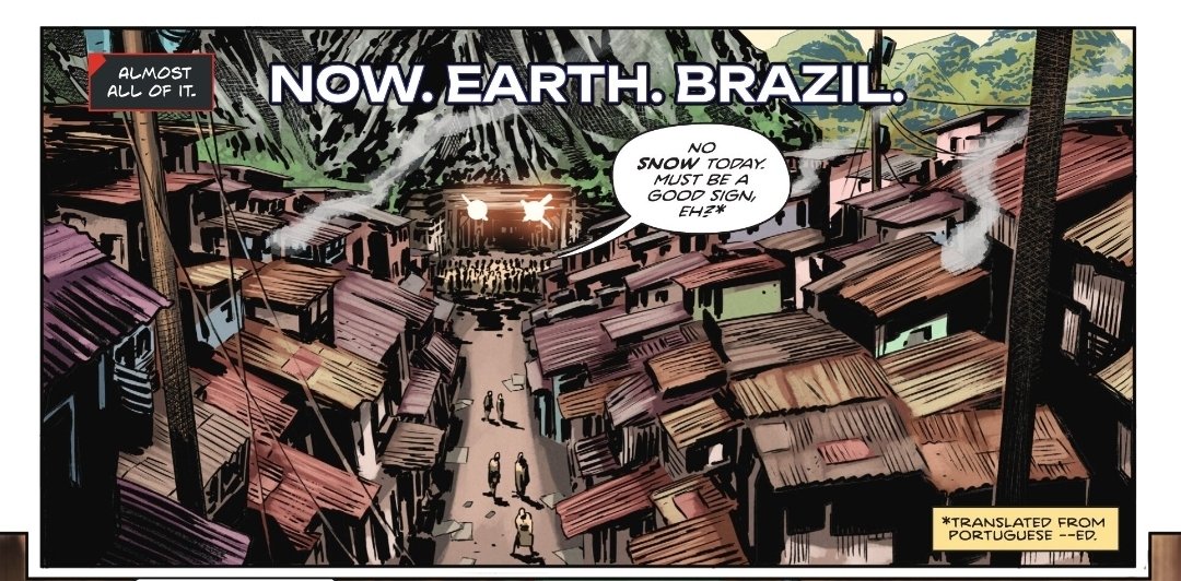 Favela no Brasil com montanhas ao fundo.