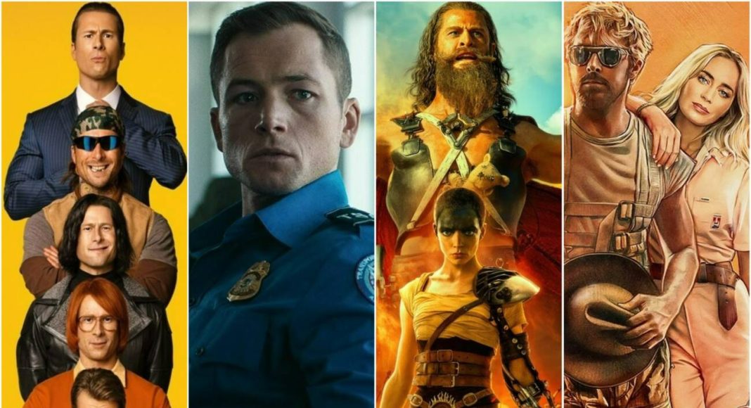 Colagem de pôsteres de filmes com diversos personagens