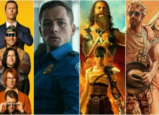 Colagem de pôsteres de filmes com diversos personagens