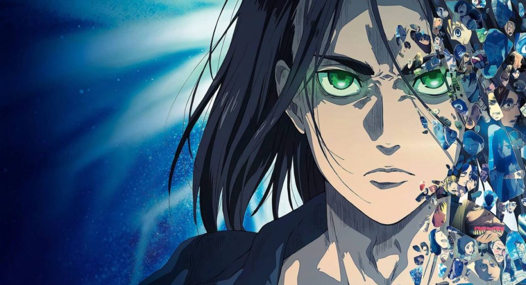 attack on titan o último ataque2 Personagem de anime com olhos verdes e cabelo preto