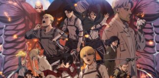 Personagens de anime lutando contra gigante