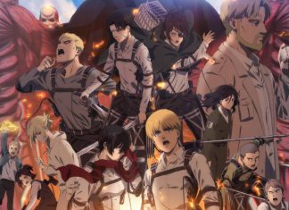 Personagens de anime lutando contra gigante