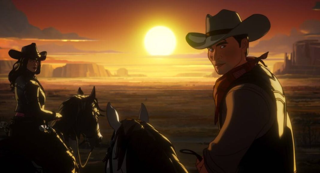 Cowboys animados em cavalo ao pôr do sol no deserto