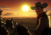 Cowboys animados em cavalo ao pôr do sol no deserto