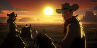 Cowboys animados em cavalo ao pôr do sol no deserto