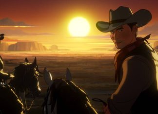 Cowboys animados em cavalo ao pôr do sol no deserto