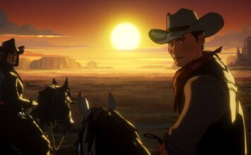 Cowboys animados em cavalo ao pôr do sol no deserto