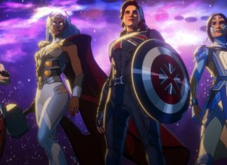 Personagens femininas heroicas em animação de fundo cósmico