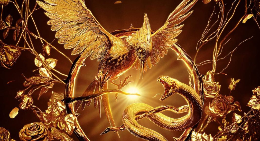 Imagem artística dourada de pássaro e serpente entrelaçados