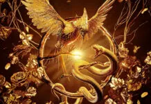 Jogos Vorazes: Alvorecer na Colheita Imagem artística dourada de pássaro e serpente entrelaçados