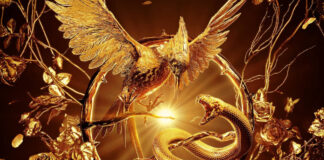 Imagem artística dourada de pássaro e serpente entrelaçados