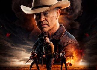 Cowboy e equipe armada em cenário de fogo