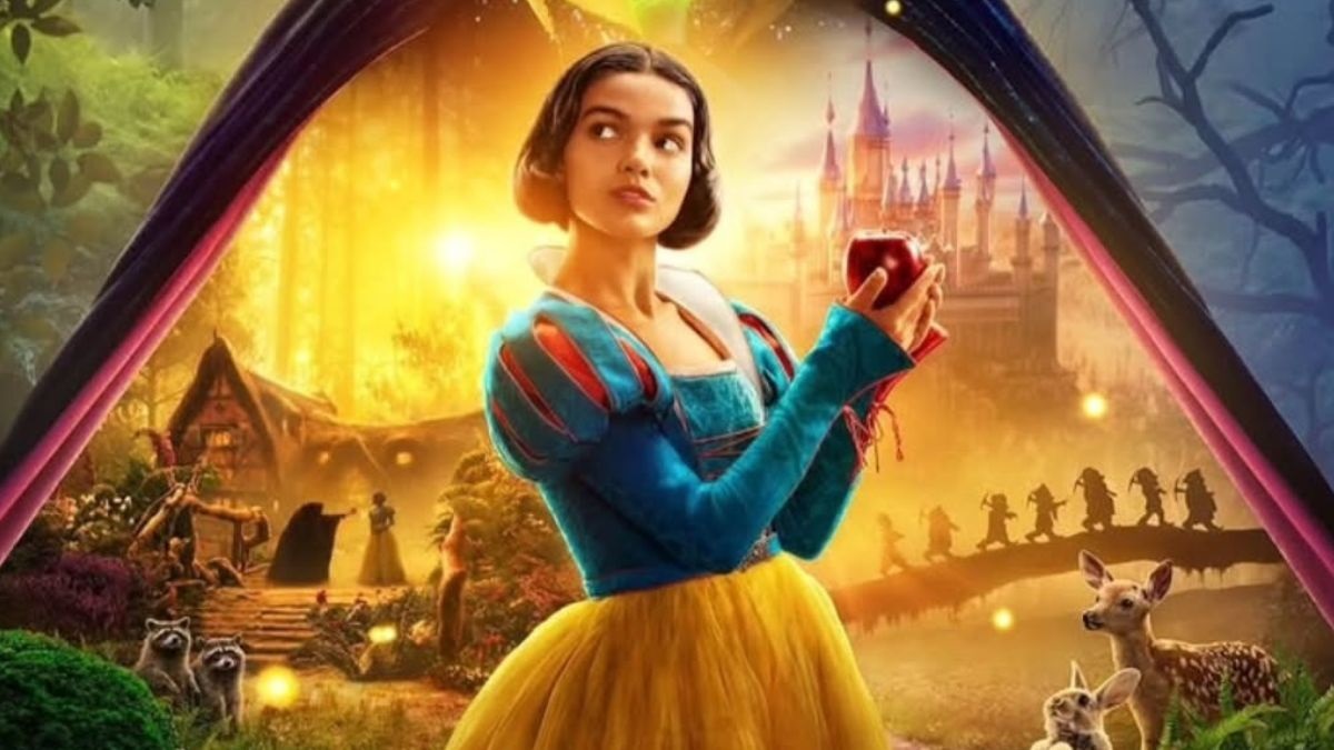 Branca de Neve segurando maçã em cenário encantado