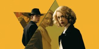 Homem e mulher estilosos em fundo amarelo geométrico