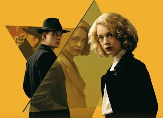 Stella: Vítima e Culpada Homem e mulher estilosos em fundo amarelo geométrico