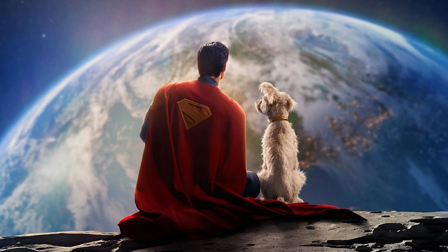 Super-herói e cão observam a Terra do espaço