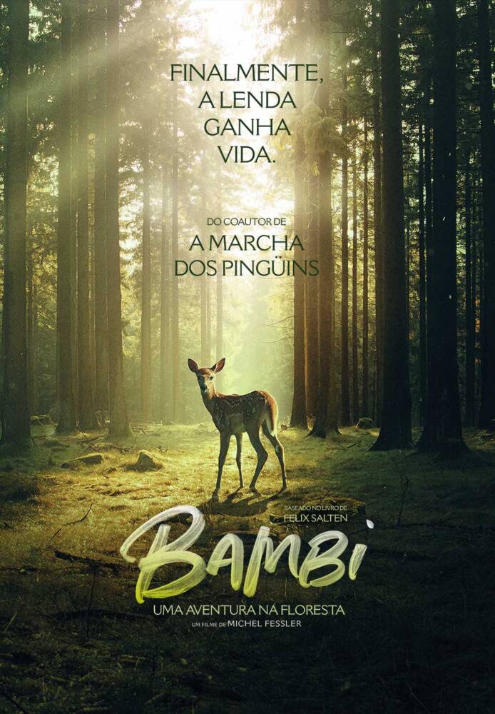 Pôster do filme Bambi com cervo em floresta iluminada