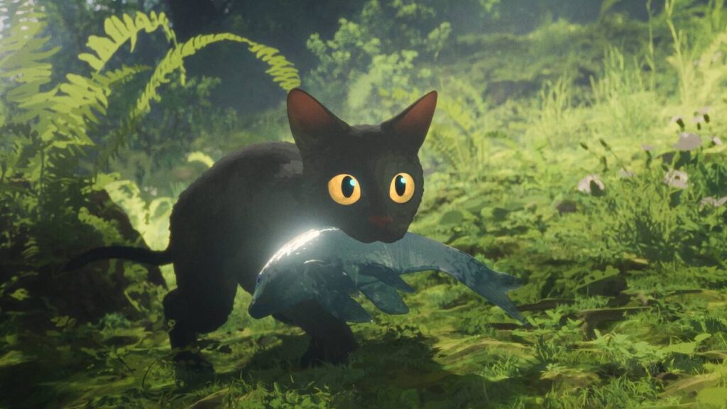 Gato preto com olhos amarelos na floresta iluminada