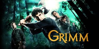 Personagens da série Grimm em floresta com armas