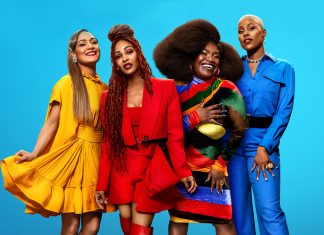 Mulheres estilosas em roupas coloridas, fundo azul