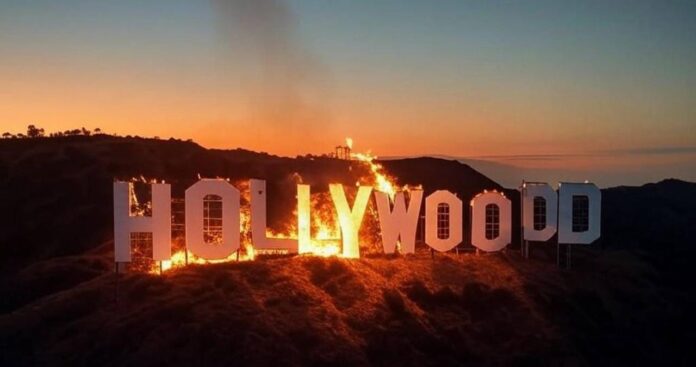 Letreiro de Hollywood com incêndio ao entardecer