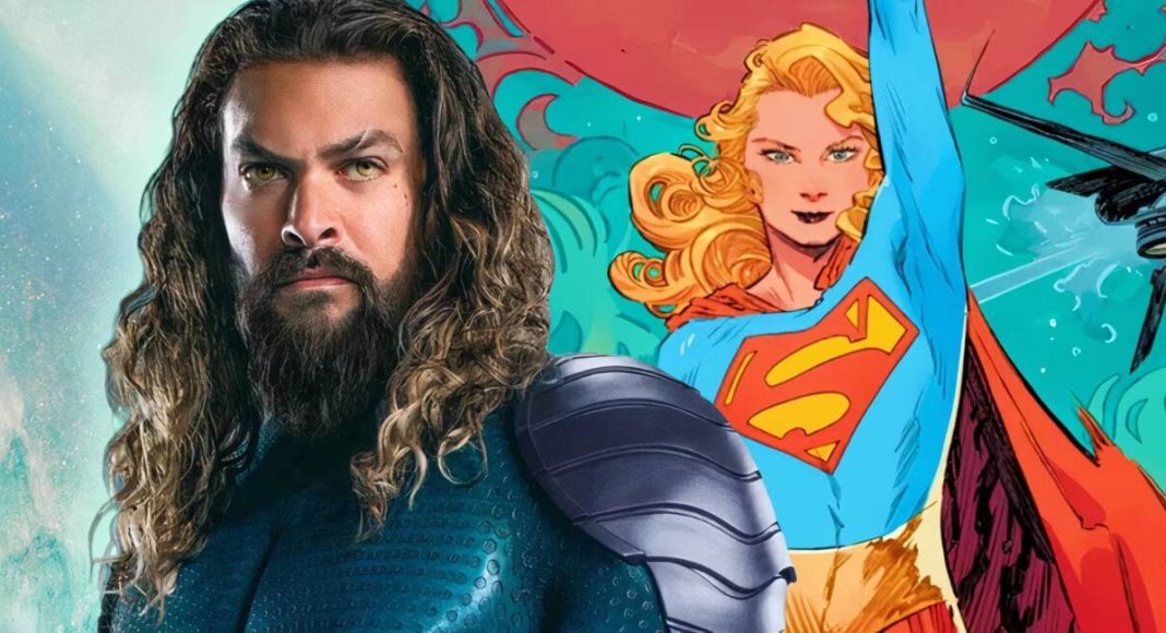 Aquaman e Supergirl em colagem de ação colorida
