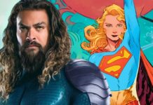 Aquaman e Supergirl em colagem de ação colorida