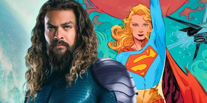 Aquaman e Supergirl em colagem de ação colorida