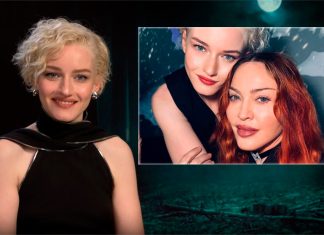 Julia Garner relembra INTENSO processo de audição para viver Madonna em cinebiografia Atriz loira sorridente e foto com outra mulher ruiva