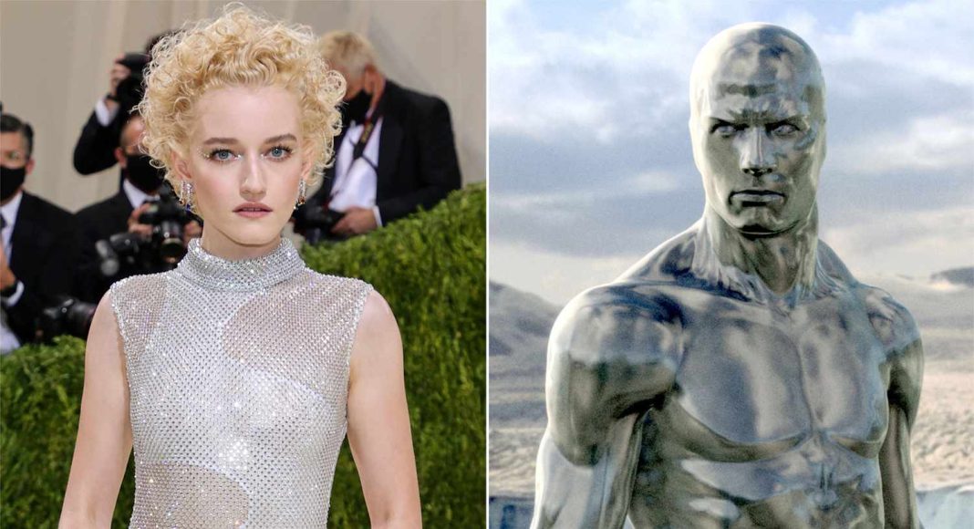 Mulher elegante e estátua masculina prateada em cenas distintas