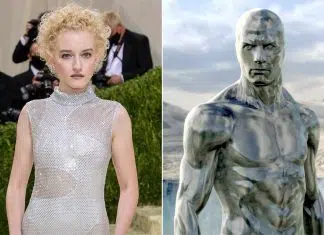 Mulher elegante e estátua masculina prateada em cenas distintas