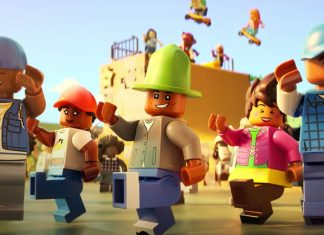 Minifiguras LEGO dançando alegremente