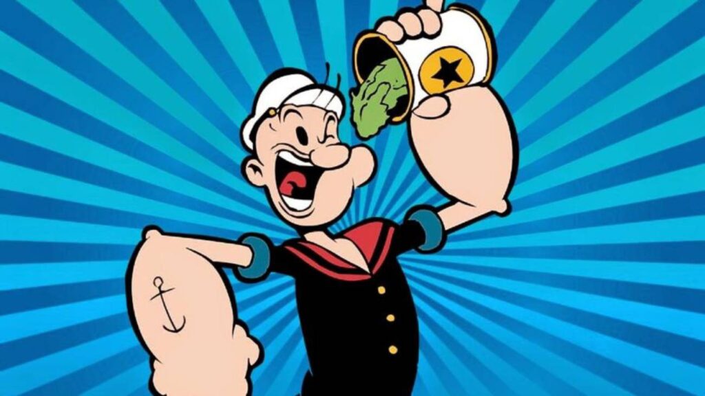 Popeye animado comendo espinafre para ficar forte