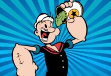 Popeye animado comendo espinafre para ficar forte