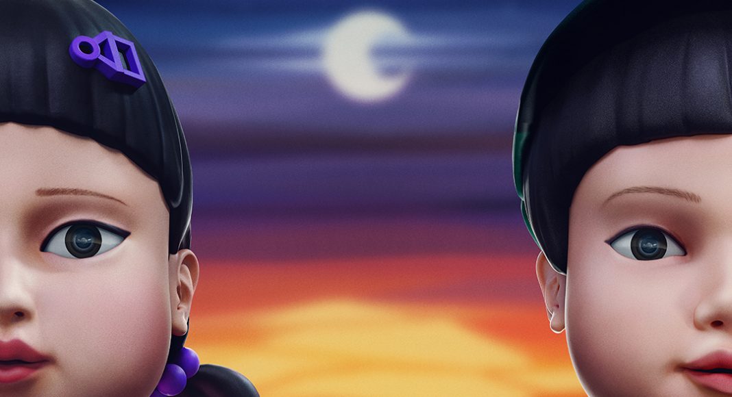 Personagens animados com pôr do sol colorido ao fundo