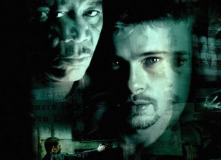 Colagem verde com rostos masculinos e cena de suspense