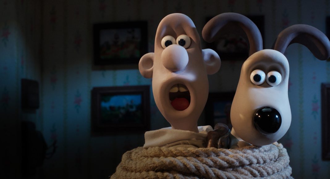 Wallace e Gromit amarrados e surpresos