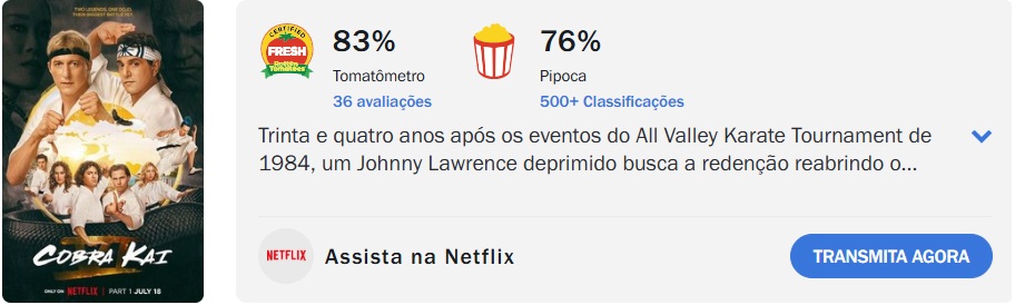 Banner Cobra Kai com avaliações e botão Netflix