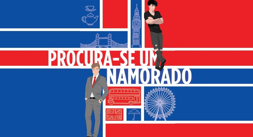 Bright poster advertising 'Procura-se um Namorado' with two casually dressed men on a red, white, and blue background filled with London icons (Big Ben, London Eye).