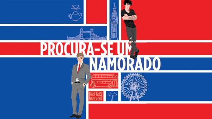 Bright poster advertising 'Procura-se um Namorado' with two casually dressed men on a red, white, and blue background filled with London icons (Big Ben, London Eye).